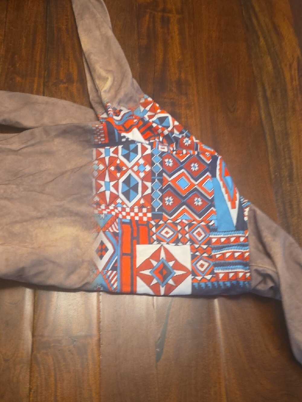 Boho Lace-Up Hoodie with Tribal Print Panels - Rust, Blue, Cream - Picture 4 of 4